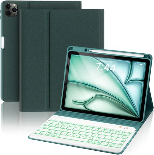 Vista 25 de OYEEICE Funda de teclado para iPad 6ª/5ª generación de 9.7 pulgadas, teclado inalámbrico desmontable retroiluminado de 7 colores, cubierta magnética