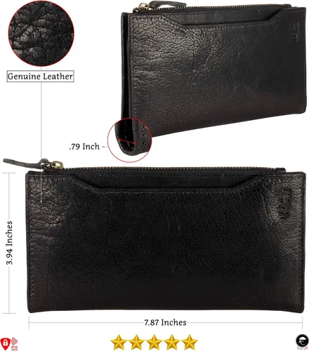 Vista 2 de Mou Meraki - Cartera larga de piel auténtica con bloqueo RFID, plegable vintage para hombres