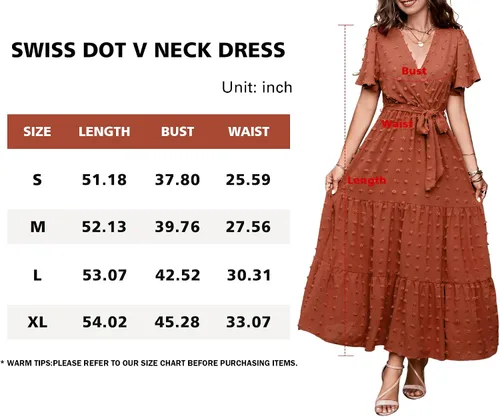 Vista 6 de MASCOMODA Vestidos largos bohemios de lunares suizos para mujer, cuello en V, manga corta, lazo en la cintura, línea A, vestidos largos fluidos
