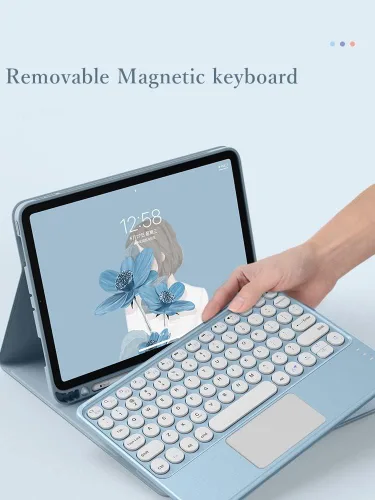 Vista 3 de Funda de teclado con panel táctil para iPad 6 iPad 5 Air 2 Pro de 9.7 pulgadas con teclado táctil retro de teclas redondas con ratón, teclado