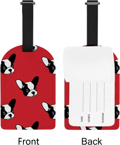 Vista 5 de Etiquetas para maleta de viaje, diseño de bulldog francés, fondo rojo, etiqueta de equipaje de piel sintética con etiqueta de identificación