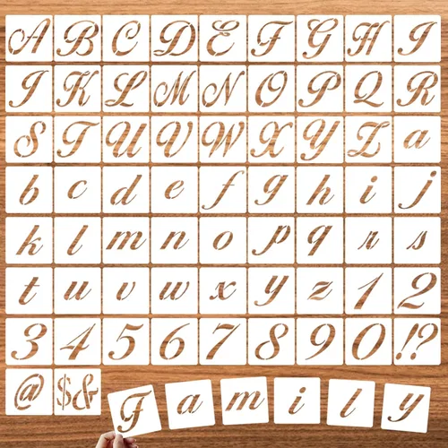 Vista 9 de Plantillas de símbolos de 1 pulgada para pintar sobre madera, 65 plantillas de dibujo del alfabeto con letras mayúsculas caligráficas y cursivas