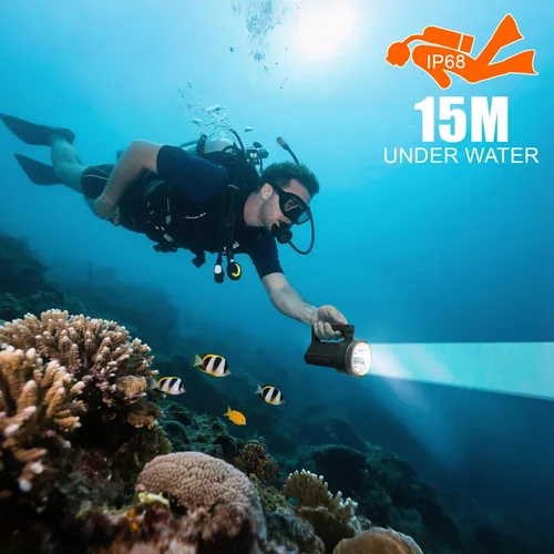 Vista 5 de Linterna de buceo recargable con pantalla de alimentación, IP68 impermeable y sumergible, interruptor doble, 4 modos, reflector LED portátil