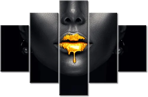 Vista 29 de Póster abstracto de labios de niña, cuadros dorados sobre lienzo, arte de pared, hermosos pósteres e impresiones en lienzo de 5 piezas, arte