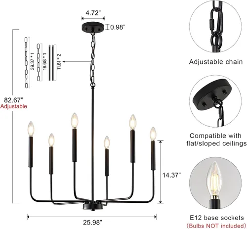 Vista 3 de Lámpara de araña negra, moderna lámpara de comedor de granja de 6 luces con cadena, accesorios de iluminación colgantes de metal, luces de comedor