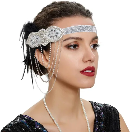 Vista 31 de Roaring 20s Great Gatsby - Diadema estilo flapper para mujer, estilo Art Deco de los años 20, con plumas A azul