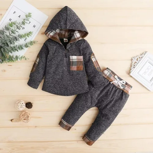 Vista 3 de Ropa de bebé para niños pequeños, traje de otoño e invierno, manga larga, bolsillo a cuadros, sudadera con capucha + pantalones, 2 piezas