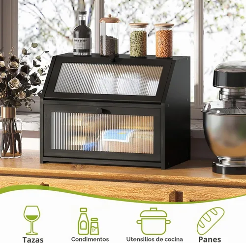 Vista 5 de BMOSU Panera grande de doble capa para encimera de cocina, almacenamiento de madera de bambú (negro)