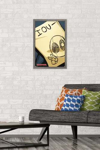 Vista 2 de Trends International Marvel Comics Deadpool - Póster de pared IOU, 14.725 x 22.375 pulgadas, versión enmarcada de madera de granero