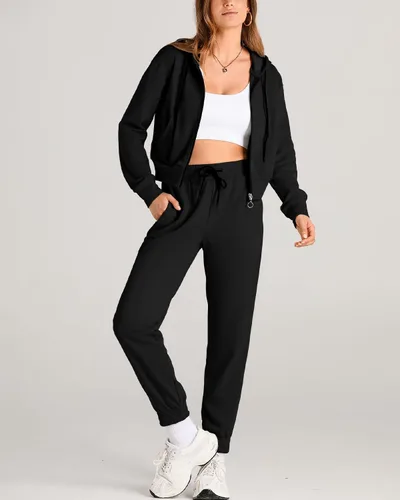 Vista 2 de Amkoyam Conjunto de dos piezas para mujer, de manga larga, con cremallera, sudadera con capucha y pantalones largos