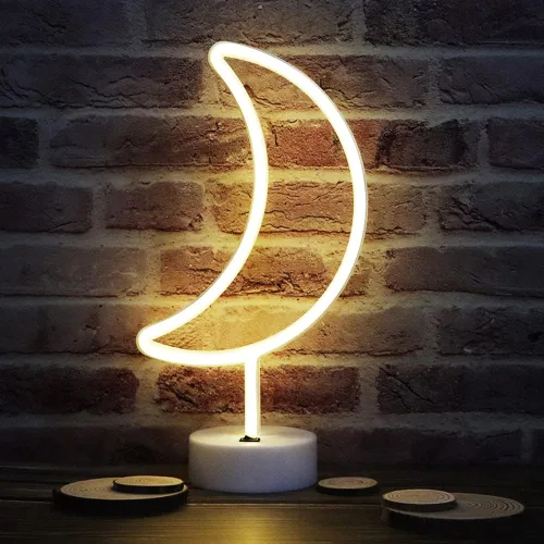 Vista 9 de Letreros LED de neón de luna, luces nocturnas moradas de media luna con USB, funciona con pilas, lámpara de luna para fiesta de cumpleaños, boda
