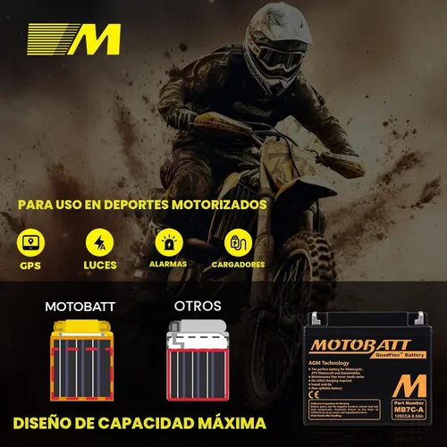 Vista 7 de Batería AGM MB7CA Motobatt 12V - Reemplaza Yuasa YB7C-A