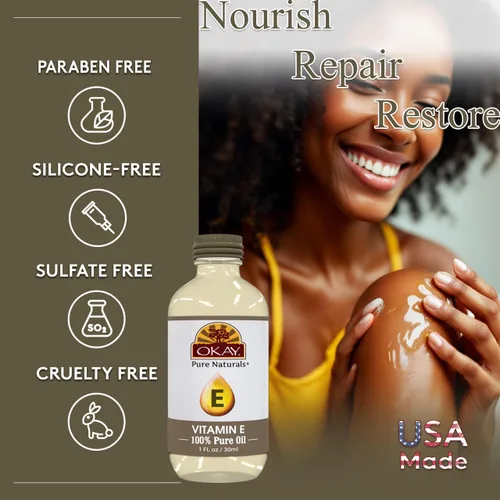 Vista 2 de Okay Aceite de vitamina E para todas las texturas de cabello y tipos de piel, todo natural, 1 onza líquida