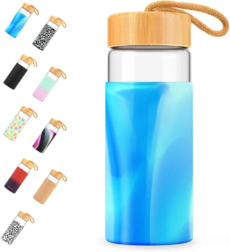 Vista 20 de Tronco Botellas de agua de vidrio de 20 onzas con tapas, botellas de vidrio de borosilicato reutilizables con tapa de bambú y funda de silicona