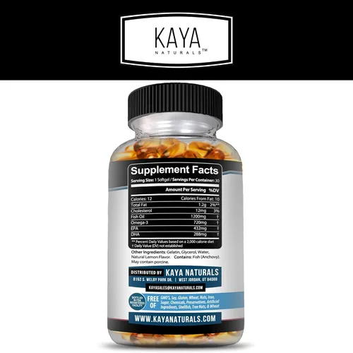 Vista 2 de Kaya Naturals Suplemento Omega 3 - Aceite de pescado Omega 3 hecho en la naturaleza, aceite de pescado pelágico 100% puro cosechado en el mar sin