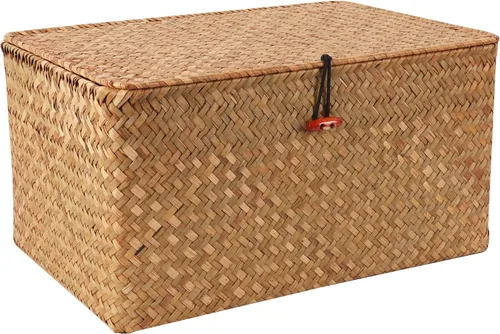 Vista 8 de Moosky Cestas de mimbre con tapa, cesta tejida a mano de pastos marinos para cestas de almacenamiento, cajas de regalo rectangulares para el hogar