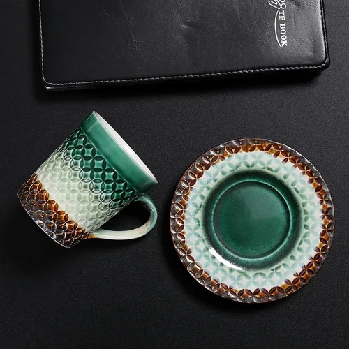 Vista 4 de CAPIJIONG 6.8 fl oz/6.67oz Vintage Cerámica Horno Taza de Café Set Creativo Simple Taza de Leche para Oficina Hogar Restaurante Café-Azul Esmalte