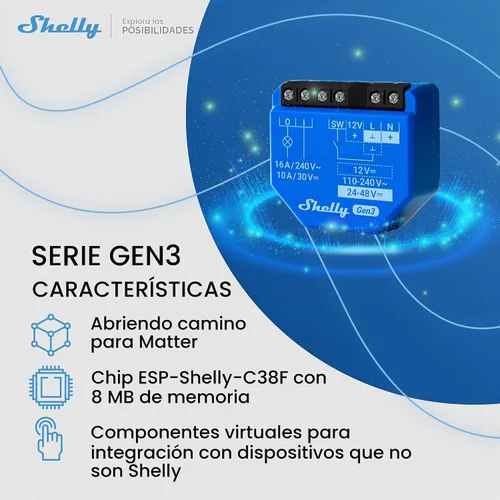 Vista 7 de Shelly 1 Gen3, interruptor de relé inteligente WiFi con contactos secos, 1 canal 16A, compatible con Alexa, Home Assistant, SmartThings y Google