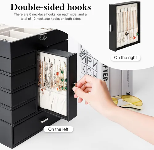 Vista 8 de Homde Paquete de caja de joyería negra una enorme caja de joyería + una caja de joyería negra con 10 cajones