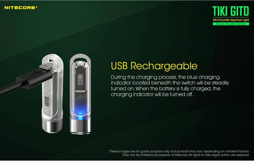 Vista 6 de Nitecore Tiki GITD Verde Linterna de Llavero con Luz UV y Alto CRI, 300 Lúmenes para Uso Diario USB Recargable y Cable de Carga USB-C