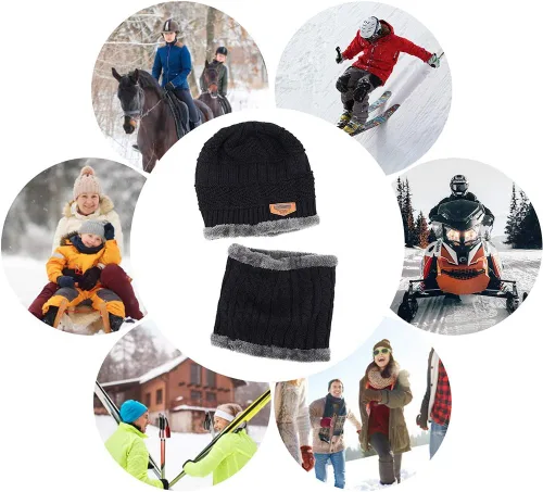Vista 6 de Conjunto de gorro y bufanda de invierno cálido y elegante gorro de punto para hombres y mujeres
