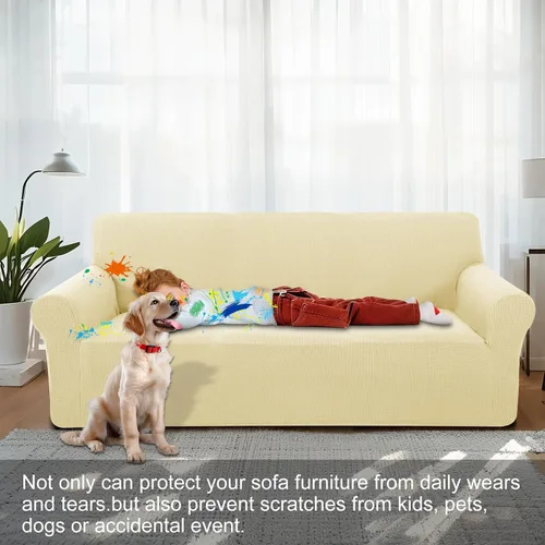 Vista 6 de Funda elástica para sofá, lavable, protector de muebles con espuma antideslizante y parte inferior elástica para niños, perros (sofá biplaza/beige)