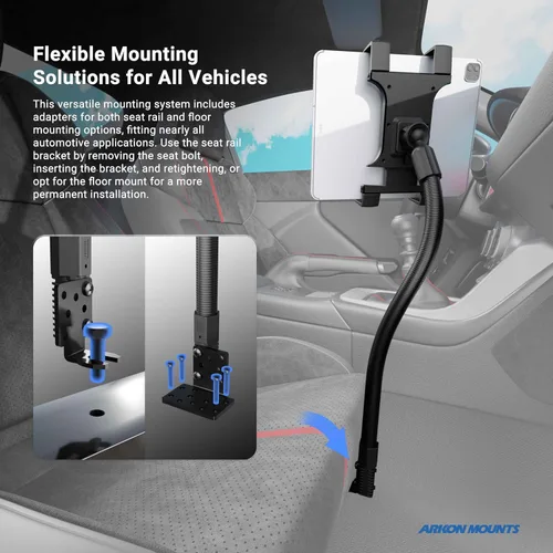 Vista 10 de ARKON Carril de asiento de coche o camión o soporte de tableta de piso con brazo de 22 pulgadas para iPad Pro iPad Air 2 iPad Retail Negro