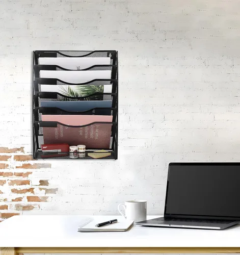 Vista 5 de EasyPAG Organizador de archivos de pared de 7 niveles de malla para colgar en la pared, carpeta de documentos, archivador, revistero con etiqueta