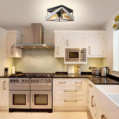 Vista 8 de Lámpara de techo industrial empotrada de 2 luces, lámpara de techo cuadrada de metal y madera, para cocina, pasillo, comedor, entrada, balcón