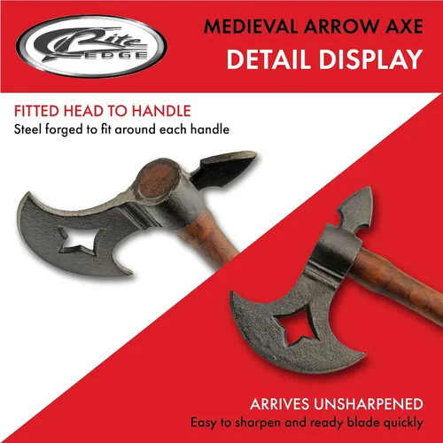 Vista 4 de Hacha medieval de réplica artesanal de acero al carbono con mango de madera de 13