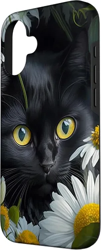 Vista 2 de iPhone 16 Black Cat with Daisies – Enchanting Floral Design Case