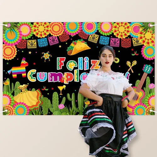Vista 6 de Avezano Feliz Cumpleaños Fondo de Fiesta Mexicana Fiesta Fotografía Fondo Fiesta Cactus México Cinco De Mayo Carnaval Banner 70.8 x 43.3 pulgadas