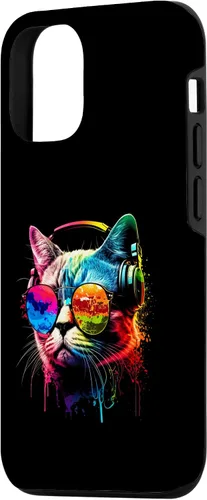 Vista 2 de Funda divertida para iPhone 15 DJ Cat con gafas de sol, auriculares y música