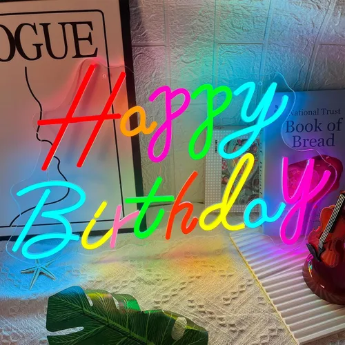 Vista 10 de Letrero de neón de feliz cumpleaños para decoración de pared, luces de neón de feliz cumpleaños coloridas, luz de neón LED de cumpleaños para telón