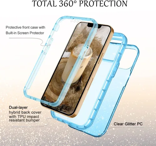 Vista 2 de LONTECT Funda para iPhone 13 Pro con protector de pantalla integrado con purpurina transparente, brillante, resistente, a prueba de golpes, híbrida