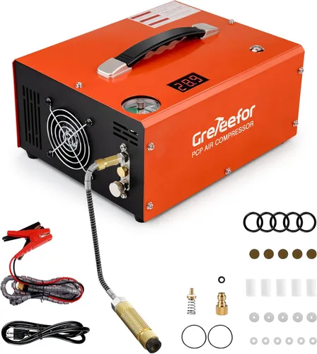 Vista 8 de Compresor de aire PCP 4500PSI/30MPA, bomba de llenado rápido sin aceite de 350W con apagado automático, alimentación dual 12V DC y 110V/220V AC