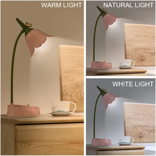 Vista 3 de MAGICKK Lámpara de escritorio LED de flores, luz de mesa inalámbrica ajustable con cuello de ganso, regulable, táctil, recargable con batería