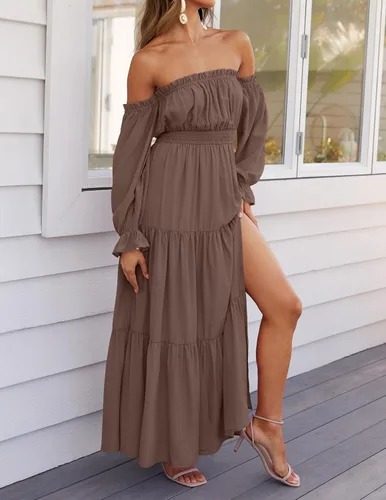 Vista 150 de ZESICA - Vestido largo, bohemio y sexy, con hombros descubiertos y manga larga fruncida, con elástico fruncido, cintura alta y abertura lateral