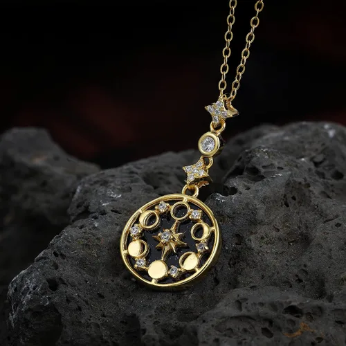 Vista 4 de SLOONG Collar de plata de ley 925 con diseño de piedra arenisca azul, luna, estrella, fase de estrella, chapado en oro de 18 quilates, regalo