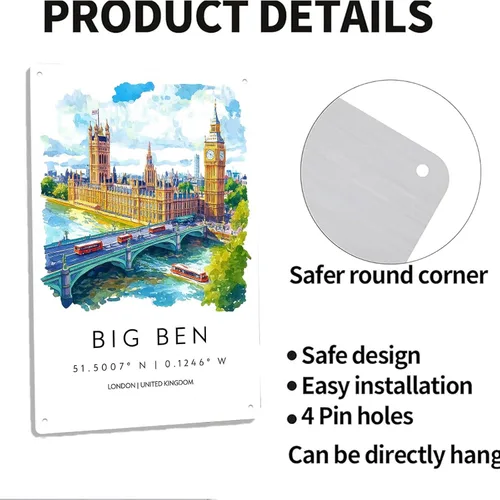 Vista 4 de Póster de acuarela de Big Ben, decoración de pared, paisaje retro, cartel de metal para garaje, hombre, cueva, baño, dormitorio, granja, inspirador