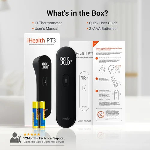 Vista 8 de iHealth Termómetro digital sin contacto para la frente para adultos, bebés, niños, 3 sensores ultra sensibles, retroalimentación de vibración Negro