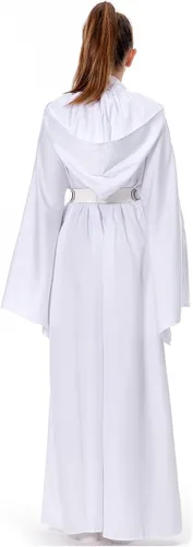 Vista 2 de Rodwake Disfraz de princesa Leia para mujer, vestido blanco con capucha, bata larga, traje clásico de lujo