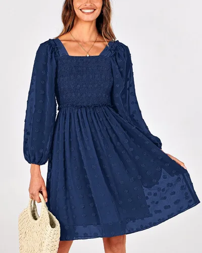 Vista 2 de BTFBM Vestidos fruncidos con cuello cuadrado para mujer, verano, otoño, manga larga, floral, lunares suizos, volantes, mini vestido bohemio