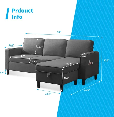 Vista 2 de Mjkone Sofá modular para sala de estar Sofá convertible de 3 plazas con 2 bolsillos laterales Sofá modular moderno con otomana de almacenamiento