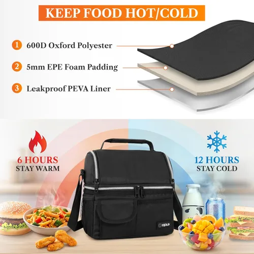Vista 3 de Opux - Bolsa de almuerzo aislada de doble compartimento para hombres y mujeres Bolsa de almuerzo reutilizable con correa para el hombro, forro