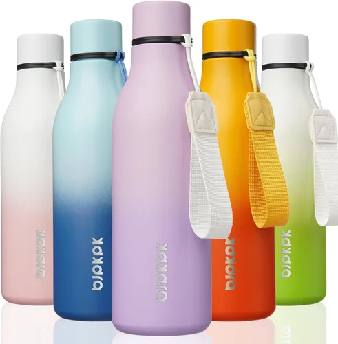 Vista 6 de BJPKPK Botellas de agua aisladas, botella de agua de metal de acero inoxidable de 12 onzas con correa, sin BPA a prueba de fugas, jarras, tazas