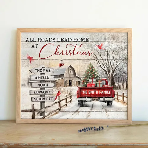 Vista 3 de CENOVACY Arte de pared personalizado en lienzo de Navidad familiar, arte de pared de Navidad con nombres de familia en Navidad All Roads con letrero