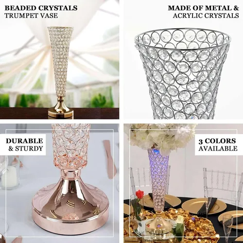 Vista 4 de Efavormart - Juego de 2 jarrones de trompeta con cuentas doradas de cristal para mesa de boda, 23 pulgadas de alto