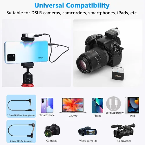 Vista 6 de BOYA Micrófono Lavalier inalámbrico de 2.4 GHz Duan Channel Sistema de micrófono inalámbrico con transmisor y 1 receptor para cámara iPhone