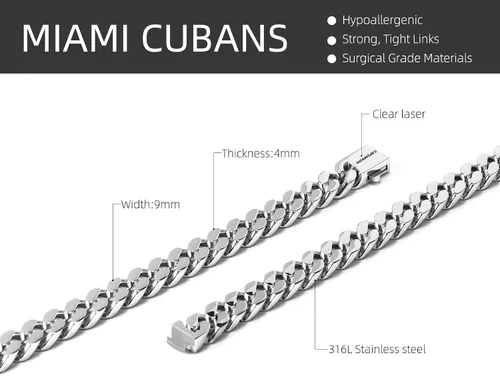 Vista 2 de CaptainSteeL Collar de cadena cubana Miami para hombres y mujeres, acero inoxidable 316L de 50.354in de ancho, 18"20"22"24" de largo, joyería de hip